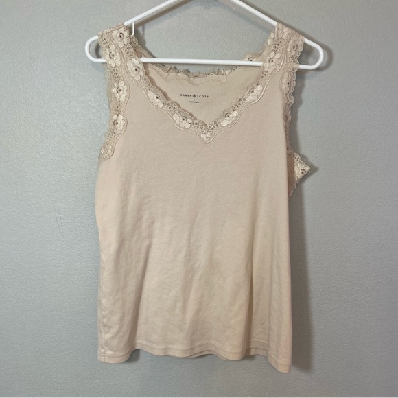 Karen Scott Tops - Karen Scott Beige Cotton Lace Trim Tank Top